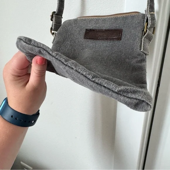 Vintage Addiction Gray Crossbody Purse Bag Canvas 100% Cotton Crochet Patch - Picture 12 of 14